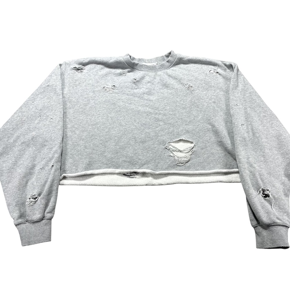 Good American Sweatshirt Womens 1 Gray Distressed Cropped Crewneck Pullover